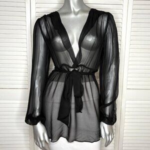 Sexy Sheer Black 100% Silk Chiffon Deep V Tie Waist Blouse Long Sleeve XS - S